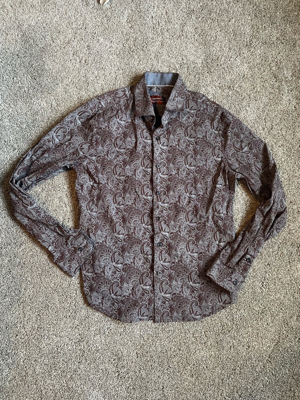 Consequence Paisley Printed Brown Men’s Button Down Long Sleeve Shirt Size Small